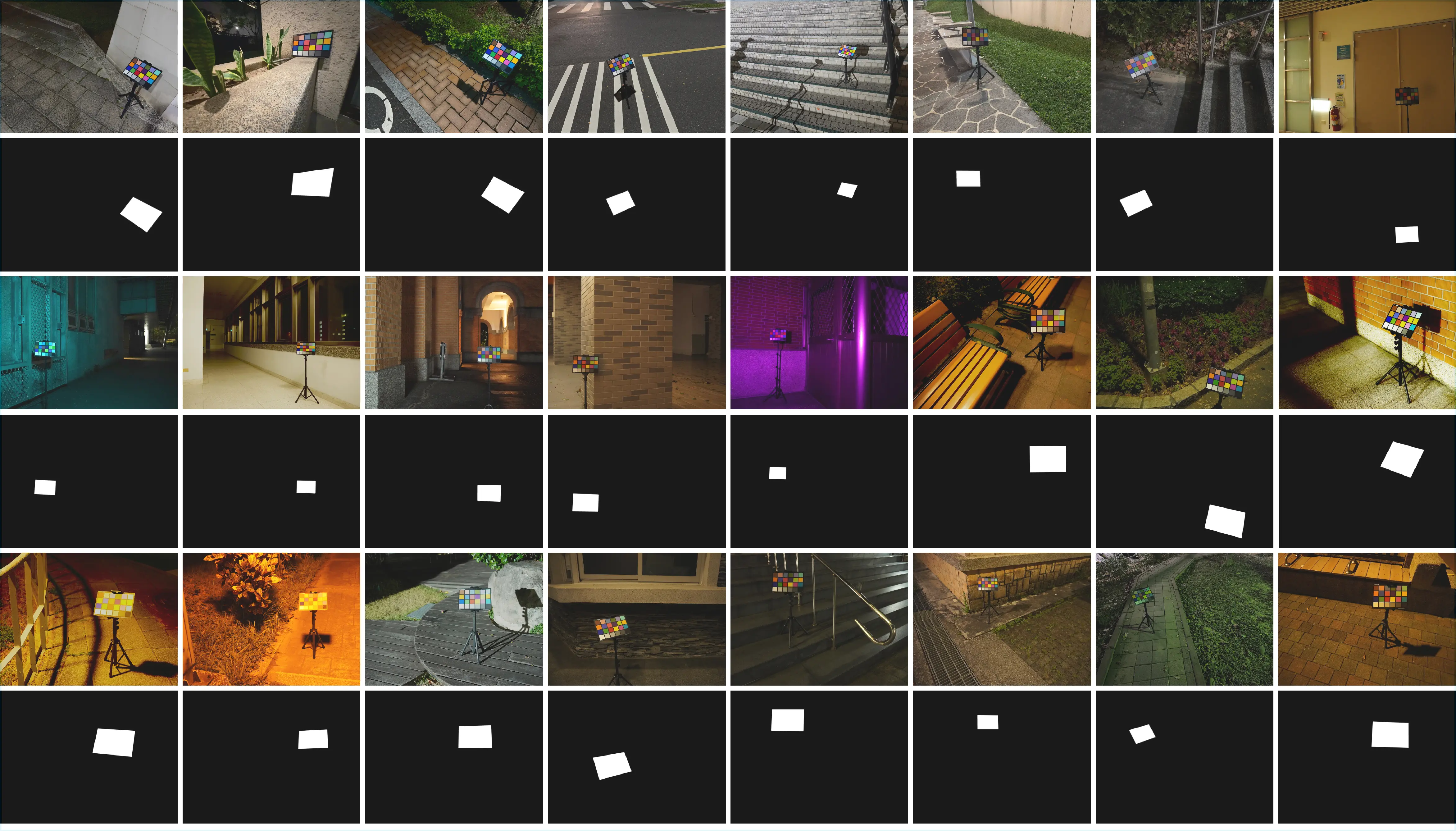 **Sample images from the proposed LEVI dataset with their corresponding Color Checker mask annotations.** The dataset captures diverse nighttime scenes with complex mixed lighting, low illumination, and high ISO conditions.